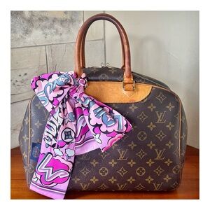 Louis Vuitton Brown Monogram Satchel with Pink Scarf